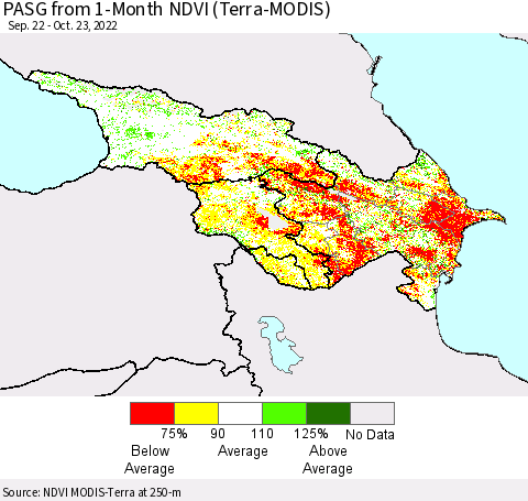 Azerbaijan, Armenia and Georgia PASG from 1-Month NDVI (Terra-MODIS) Thematic Map For 10/16/2022 - 10/23/2022