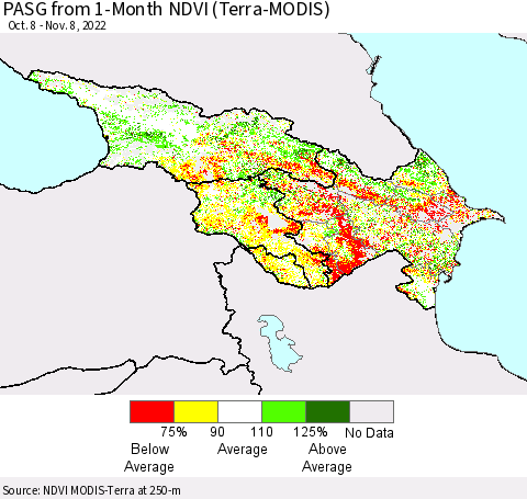 Azerbaijan, Armenia and Georgia PASG from 1-Month NDVI (Terra-MODIS) Thematic Map For 11/1/2022 - 11/8/2022