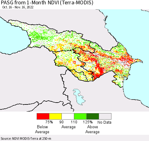 Azerbaijan, Armenia and Georgia PASG from 1-Month NDVI (Terra-MODIS) Thematic Map For 11/9/2022 - 11/16/2022