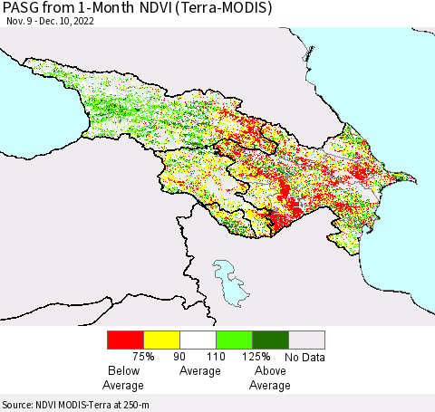 Azerbaijan, Armenia and Georgia PASG from 1-Month NDVI (Terra-MODIS) Thematic Map For 12/3/2022 - 12/10/2022