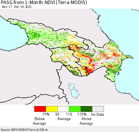 Azerbaijan, Armenia and Georgia PASG from 1-Month NDVI (Terra-MODIS) Thematic Map For 12/11/2022 - 12/18/2022