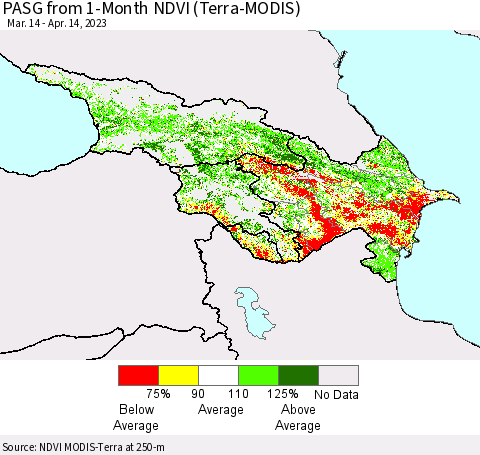 Azerbaijan, Armenia and Georgia PASG from 1-Month NDVI (Terra-MODIS) Thematic Map For 4/7/2023 - 4/14/2023