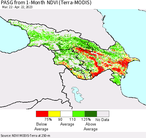 Azerbaijan, Armenia and Georgia PASG from 1-Month NDVI (Terra-MODIS) Thematic Map For 4/15/2023 - 4/22/2023