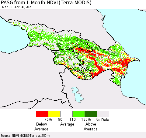 Azerbaijan, Armenia and Georgia PASG from 1-Month NDVI (Terra-MODIS) Thematic Map For 4/23/2023 - 4/30/2023