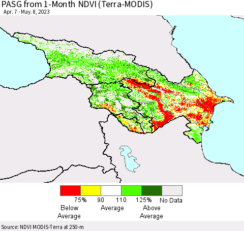 Azerbaijan, Armenia and Georgia PASG from 1-Month NDVI (Terra-MODIS) Thematic Map For 5/1/2023 - 5/8/2023