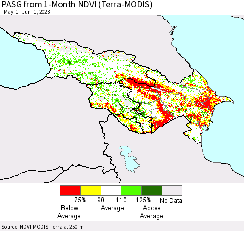 Azerbaijan, Armenia and Georgia PASG from 1-Month NDVI (Terra-MODIS) Thematic Map For 5/25/2023 - 6/1/2023