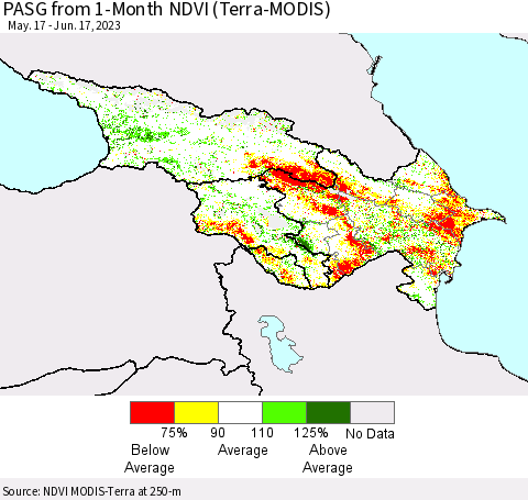 Azerbaijan, Armenia and Georgia PASG from 1-Month NDVI (Terra-MODIS) Thematic Map For 6/10/2023 - 6/17/2023
