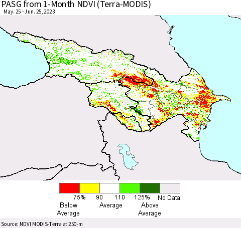 Azerbaijan, Armenia and Georgia PASG from 1-Month NDVI (Terra-MODIS) Thematic Map For 6/18/2023 - 6/25/2023