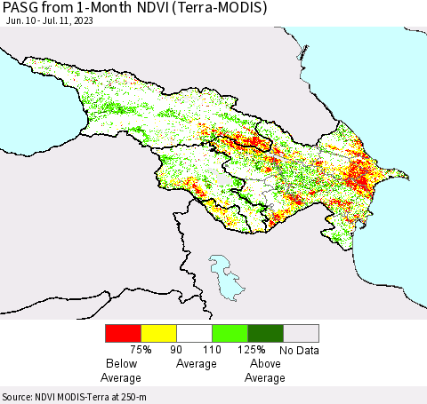 Azerbaijan, Armenia and Georgia PASG from 1-Month NDVI (Terra-MODIS) Thematic Map For 7/4/2023 - 7/11/2023
