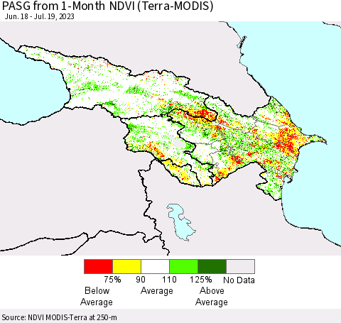Azerbaijan, Armenia and Georgia PASG from 1-Month NDVI (Terra-MODIS) Thematic Map For 7/12/2023 - 7/19/2023