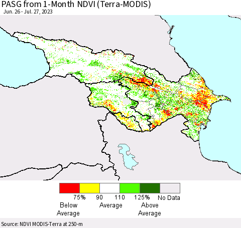 Azerbaijan, Armenia and Georgia PASG from 1-Month NDVI (Terra-MODIS) Thematic Map For 7/20/2023 - 7/27/2023