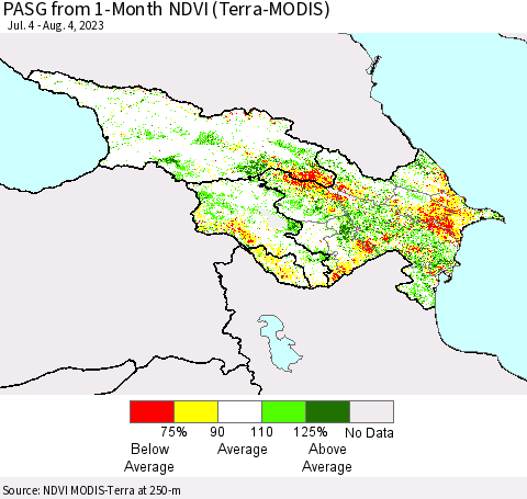 Azerbaijan, Armenia and Georgia PASG from 1-Month NDVI (Terra-MODIS) Thematic Map For 7/28/2023 - 8/4/2023