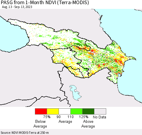 Azerbaijan, Armenia and Georgia PASG from 1-Month NDVI (Terra-MODIS) Thematic Map For 9/6/2023 - 9/13/2023