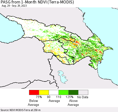 Azerbaijan, Armenia and Georgia PASG from 1-Month NDVI (Terra-MODIS) Thematic Map For 9/22/2023 - 9/29/2023