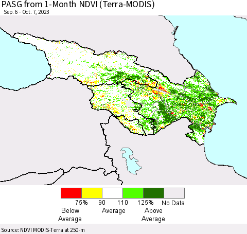 Azerbaijan, Armenia and Georgia PASG from 1-Month NDVI (Terra-MODIS) Thematic Map For 9/30/2023 - 10/7/2023