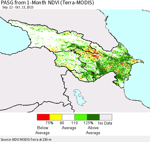 Azerbaijan, Armenia and Georgia PASG from 1-Month NDVI (Terra-MODIS) Thematic Map For 10/16/2023 - 10/23/2023