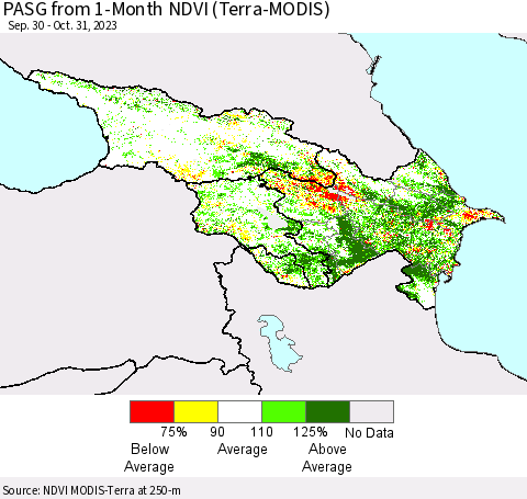 Azerbaijan, Armenia and Georgia PASG from 1-Month NDVI (Terra-MODIS) Thematic Map For 10/24/2023 - 10/31/2023