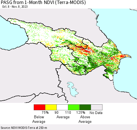 Azerbaijan, Armenia and Georgia PASG from 1-Month NDVI (Terra-MODIS) Thematic Map For 11/1/2023 - 11/8/2023