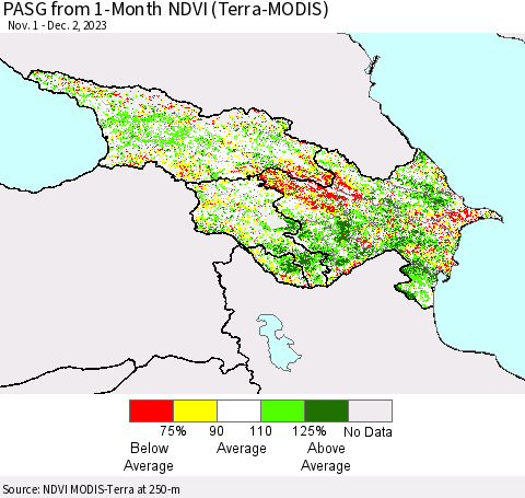 Azerbaijan, Armenia and Georgia PASG from 1-Month NDVI (Terra-MODIS) Thematic Map For 11/25/2023 - 12/2/2023