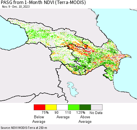 Azerbaijan, Armenia and Georgia PASG from 1-Month NDVI (Terra-MODIS) Thematic Map For 12/3/2023 - 12/10/2023
