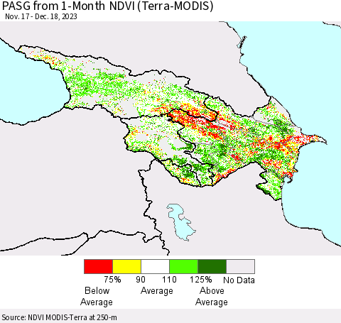 Azerbaijan, Armenia and Georgia PASG from 1-Month NDVI (Terra-MODIS) Thematic Map For 12/11/2023 - 12/18/2023