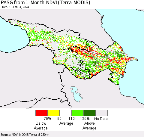 Azerbaijan, Armenia and Georgia PASG from 1-Month NDVI (Terra-MODIS) Thematic Map For 12/27/2023 - 1/3/2024
