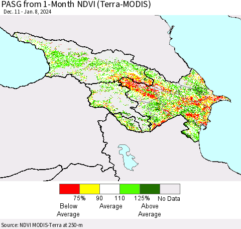 Azerbaijan, Armenia and Georgia PASG from 1-Month NDVI (Terra-MODIS) Thematic Map For 1/1/2024 - 1/8/2024