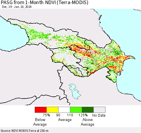 Azerbaijan, Armenia and Georgia PASG from 1-Month NDVI (Terra-MODIS) Thematic Map For 1/9/2024 - 1/16/2024