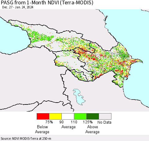 Azerbaijan, Armenia and Georgia PASG from 1-Month NDVI (Terra-MODIS) Thematic Map For 1/17/2024 - 1/24/2024