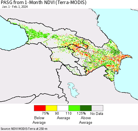 Azerbaijan, Armenia and Georgia PASG from 1-Month NDVI (Terra-MODIS) Thematic Map For 1/25/2024 - 2/1/2024
