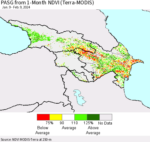 Azerbaijan, Armenia and Georgia PASG from 1-Month NDVI (Terra-MODIS) Thematic Map For 2/2/2024 - 2/9/2024