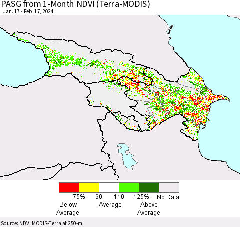 Azerbaijan, Armenia and Georgia PASG from 1-Month NDVI (Terra-MODIS) Thematic Map For 2/10/2024 - 2/17/2024