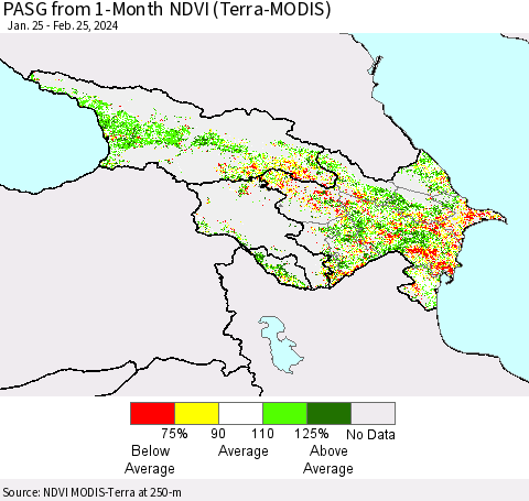 Azerbaijan, Armenia and Georgia PASG from 1-Month NDVI (Terra-MODIS) Thematic Map For 2/18/2024 - 2/25/2024