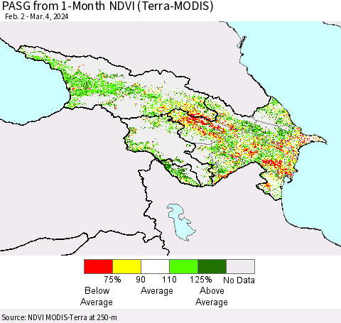 Azerbaijan, Armenia and Georgia PASG from 1-Month NDVI (Terra-MODIS) Thematic Map For 2/26/2024 - 3/4/2024