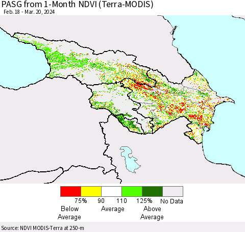 Azerbaijan, Armenia and Georgia PASG from 1-Month NDVI (Terra-MODIS) Thematic Map For 3/13/2024 - 3/20/2024