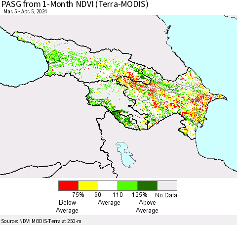 Azerbaijan, Armenia and Georgia PASG from 1-Month NDVI (Terra-MODIS) Thematic Map For 3/29/2024 - 4/5/2024