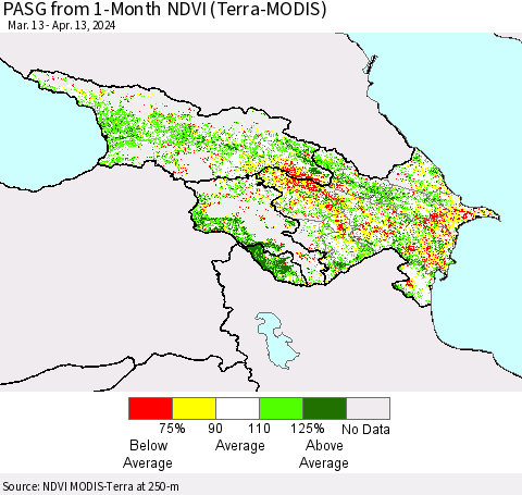 Azerbaijan, Armenia and Georgia PASG from 1-Month NDVI (Terra-MODIS) Thematic Map For 4/6/2024 - 4/13/2024