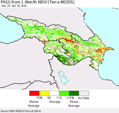 Azerbaijan, Armenia and Georgia PASG from 1-Month NDVI (Terra-MODIS) Thematic Map For 4/22/2024 - 4/29/2024