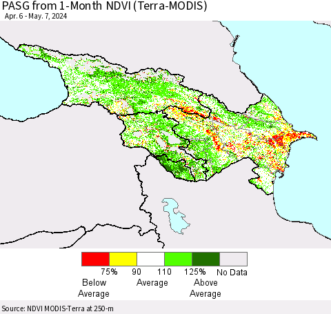 Azerbaijan, Armenia and Georgia PASG from 1-Month NDVI (Terra-MODIS) Thematic Map For 4/30/2024 - 5/7/2024