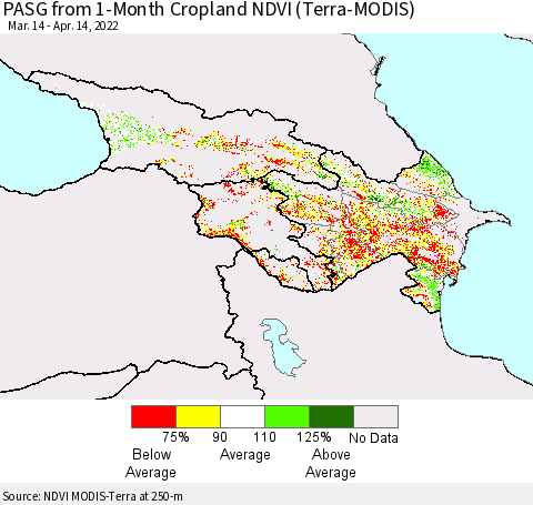 Azerbaijan, Armenia and Georgia PASG from 1-Month Cropland NDVI (Terra-MODIS) Thematic Map For 4/7/2022 - 4/14/2022
