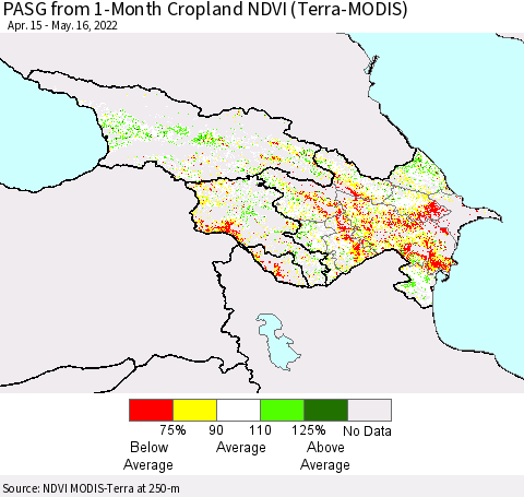 Azerbaijan, Armenia and Georgia PASG from 1-Month Cropland NDVI (Terra-MODIS) Thematic Map For 5/9/2022 - 5/16/2022