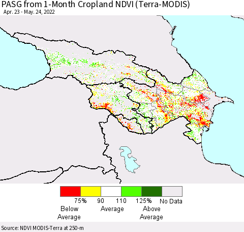 Azerbaijan, Armenia and Georgia PASG from 1-Month Cropland NDVI (Terra-MODIS) Thematic Map For 5/17/2022 - 5/24/2022