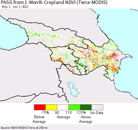 Azerbaijan, Armenia and Georgia PASG from 1-Month Cropland NDVI (Terra-MODIS) Thematic Map For 5/25/2022 - 6/1/2022