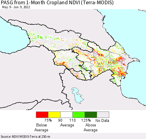 Azerbaijan, Armenia and Georgia PASG from 1-Month Cropland NDVI (Terra-MODIS) Thematic Map For 6/2/2022 - 6/9/2022