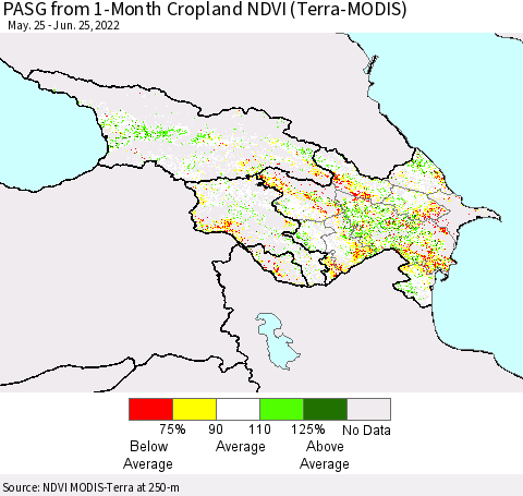 Azerbaijan, Armenia and Georgia PASG from 1-Month Cropland NDVI (Terra-MODIS) Thematic Map For 6/18/2022 - 6/25/2022