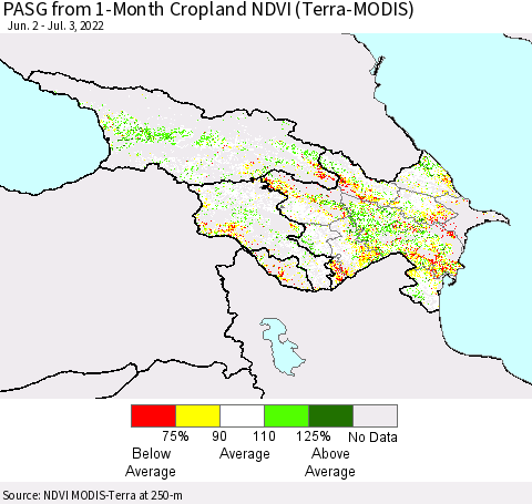 Azerbaijan, Armenia and Georgia PASG from 1-Month Cropland NDVI (Terra-MODIS) Thematic Map For 6/26/2022 - 7/3/2022