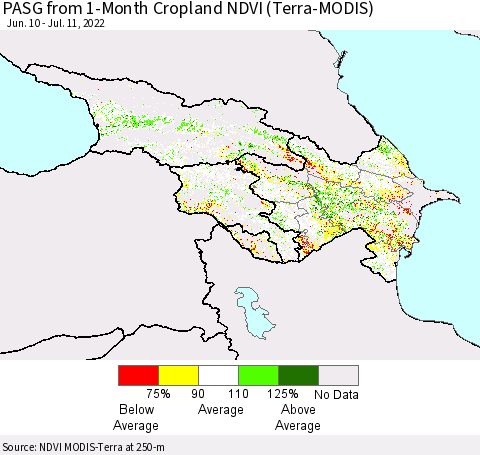 Azerbaijan, Armenia and Georgia PASG from 1-Month Cropland NDVI (Terra-MODIS) Thematic Map For 7/4/2022 - 7/11/2022