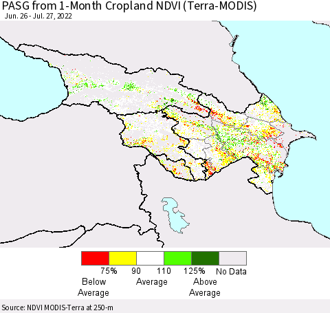 Azerbaijan, Armenia and Georgia PASG from 1-Month Cropland NDVI (Terra-MODIS) Thematic Map For 7/20/2022 - 7/27/2022