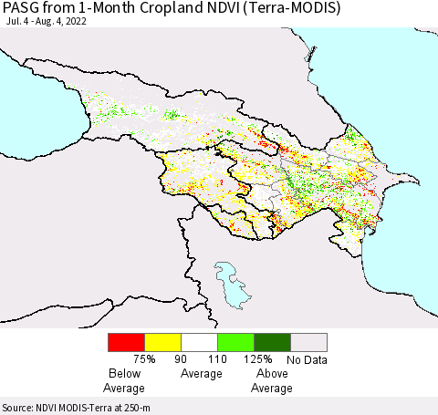 Azerbaijan, Armenia and Georgia PASG from 1-Month Cropland NDVI (Terra-MODIS) Thematic Map For 7/28/2022 - 8/4/2022