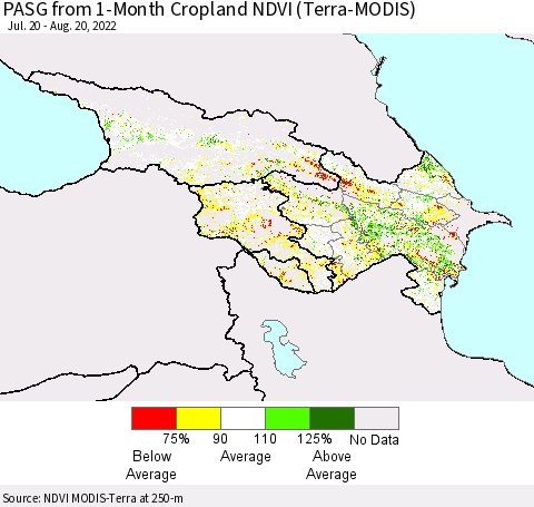 Azerbaijan, Armenia and Georgia PASG from 1-Month Cropland NDVI (Terra-MODIS) Thematic Map For 8/13/2022 - 8/20/2022